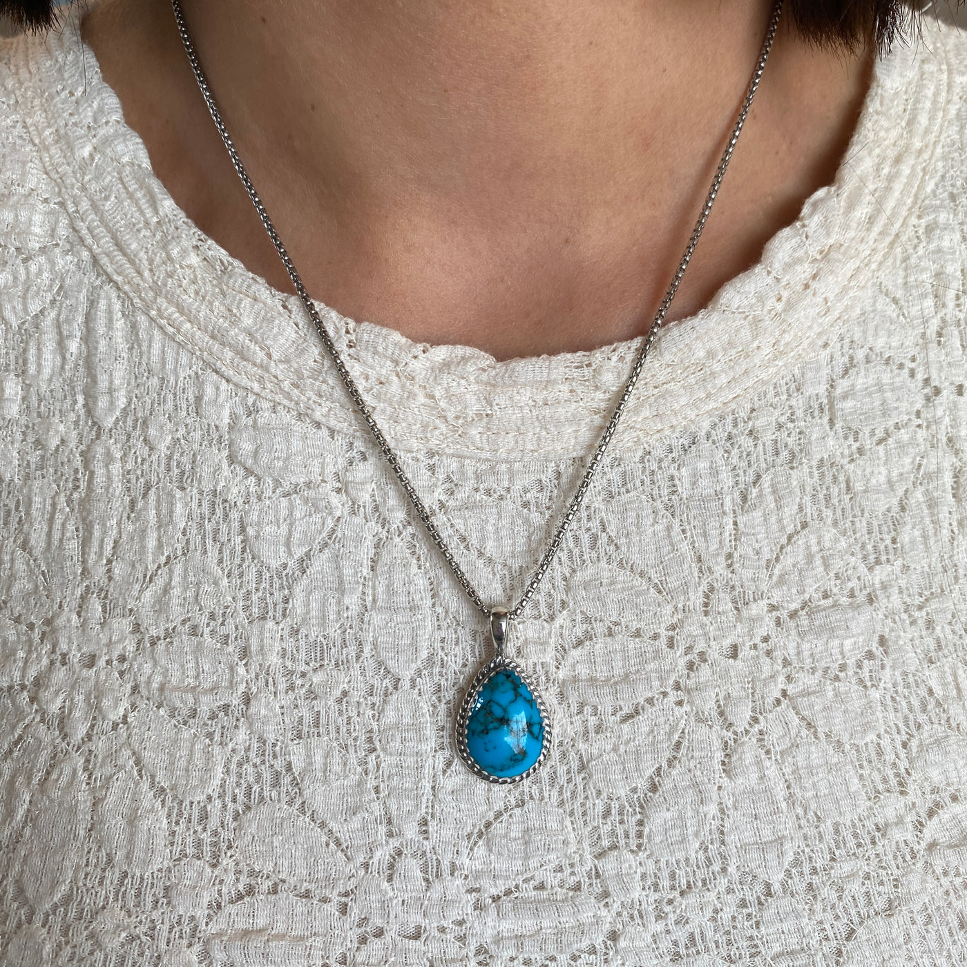 Estate Drop Turquoise Pendant in Silver