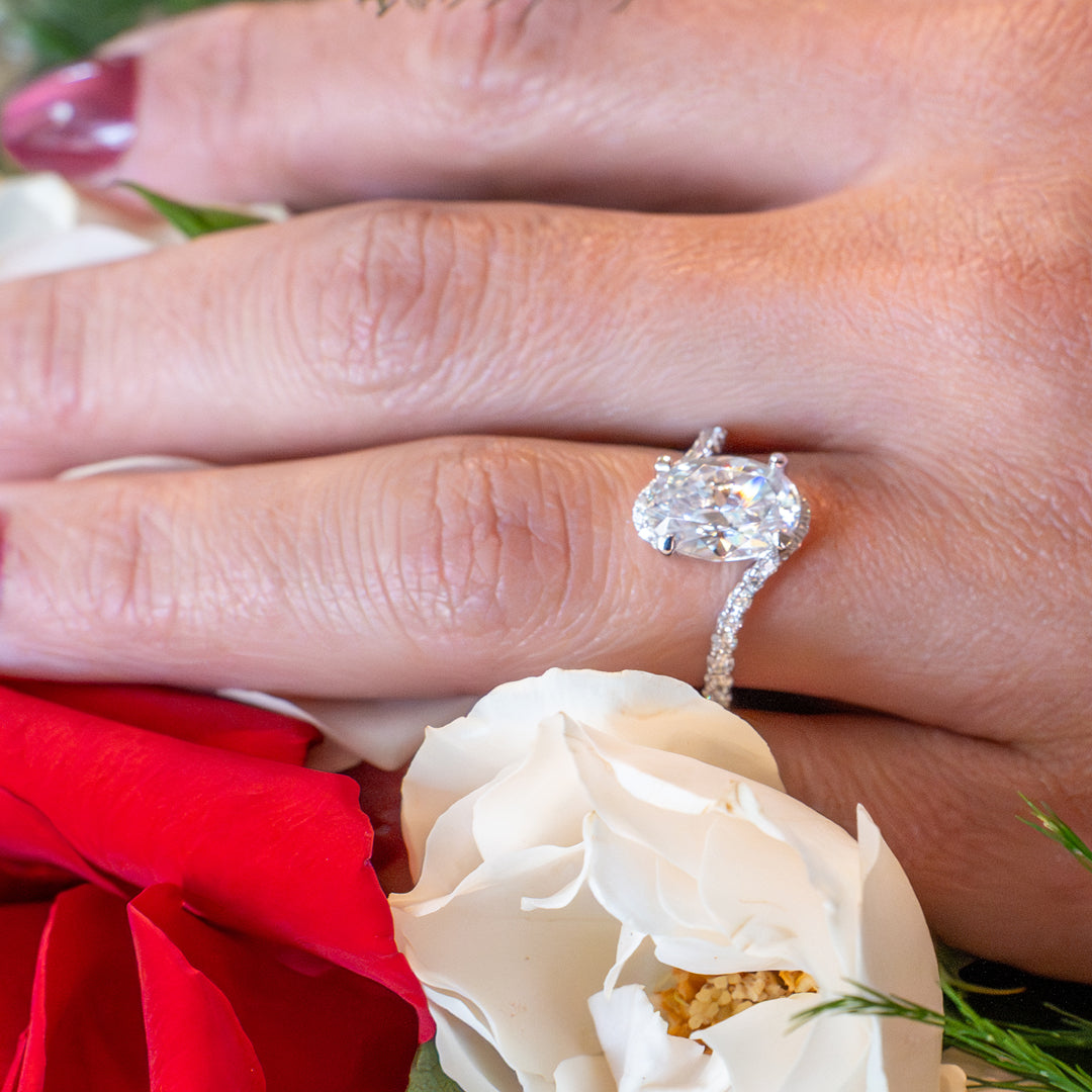 3ct Oval Bypass Engagement Ring with Side Diamonds in White Gold by Fana