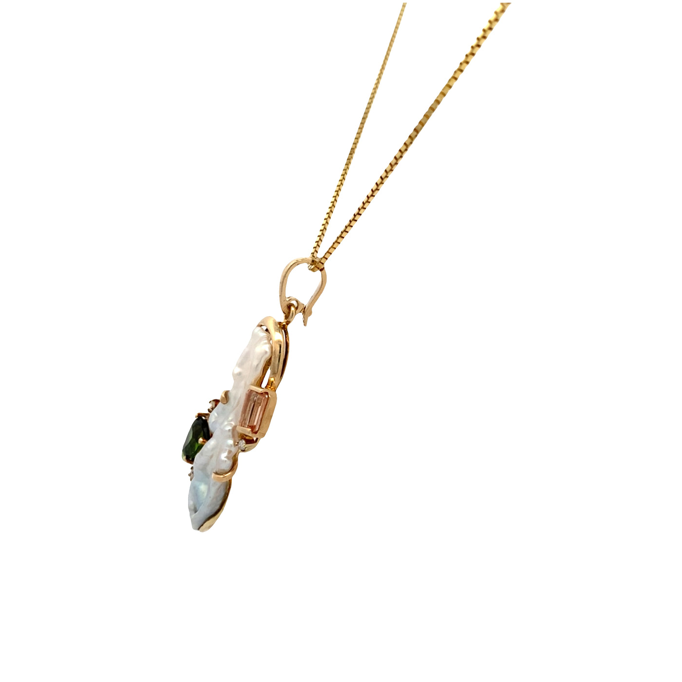 ESTATE Baroque Peral, Tourmaline and Precious Topaz Pendant in Yellow Gold