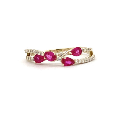 Ruby & Diamond Cross Over Style Ring in Yellow Gold by Zeghani