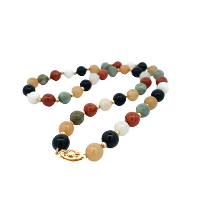 ESTATE Multi-colored Jade Beaded Necklace in Yellow Gold