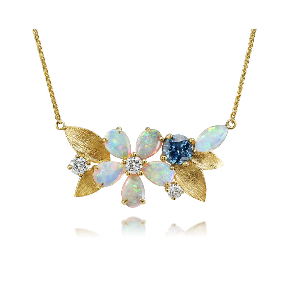 Australian Opal, Montana Sapphire and DIamond Floral Necklace in Yellow Gold by Parlé