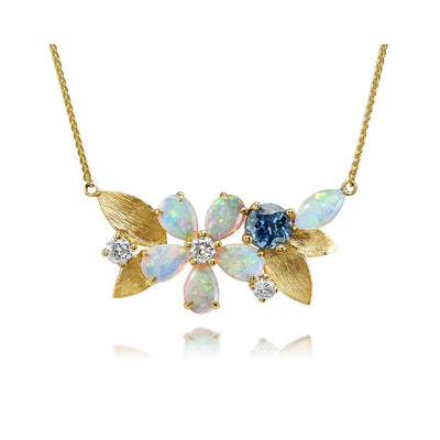 Australian Opal, Montana Sapphire and DIamond Floral Necklace in Yellow Gold by Parlé