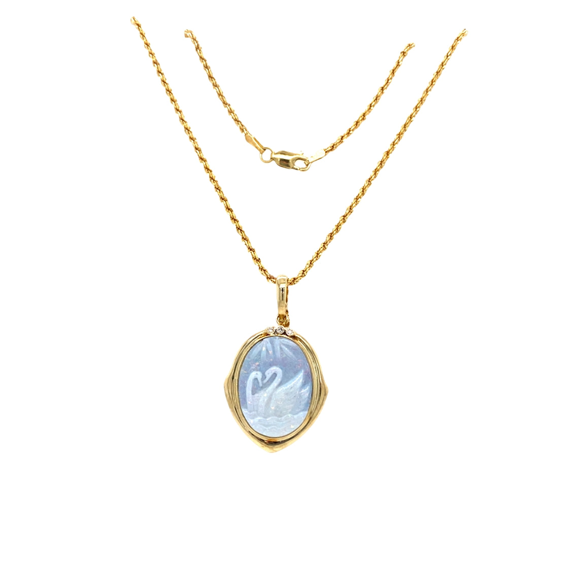 ESTATE Carved Opal Swan Pendant in Yellow Gold