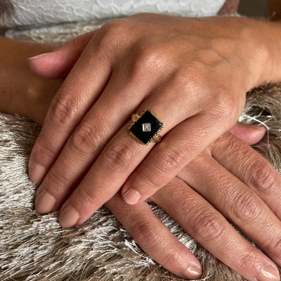 ESTATE Onyx and Diamond Ring in Yellow Gold