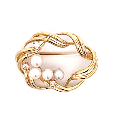 Estate 14 Karat Yellow Gold Pearl and Diamond Brooch