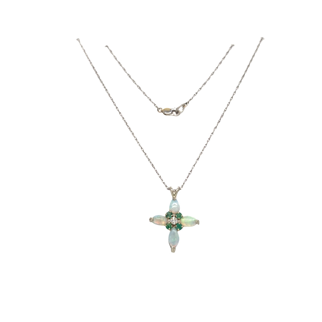 ESTATE Opal, Emerald and Diamond Cross Pendant in White Gold