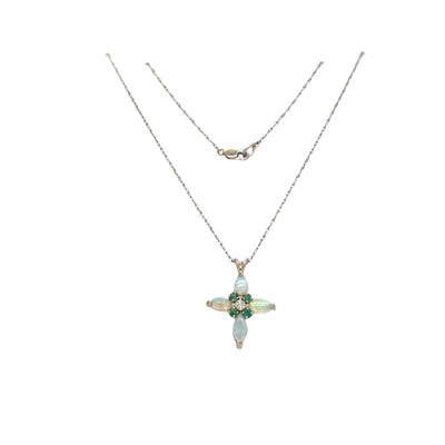 ESTATE Opal, Emerald and Diamond Cross Pendant in White Gold