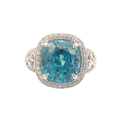 Blue Zircon and Diamond Ring in White Gold by Simon G. Jewelry