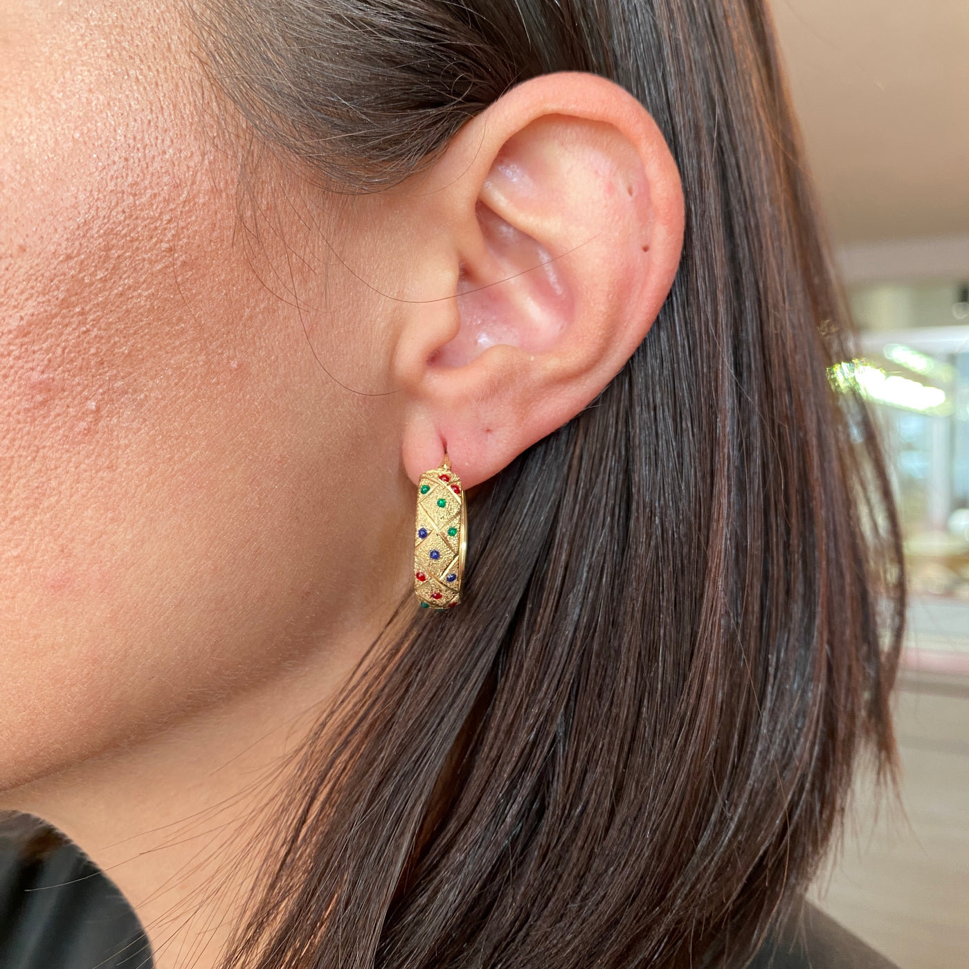 ESTATE Colored Diamond Hoops in Yellow Gold