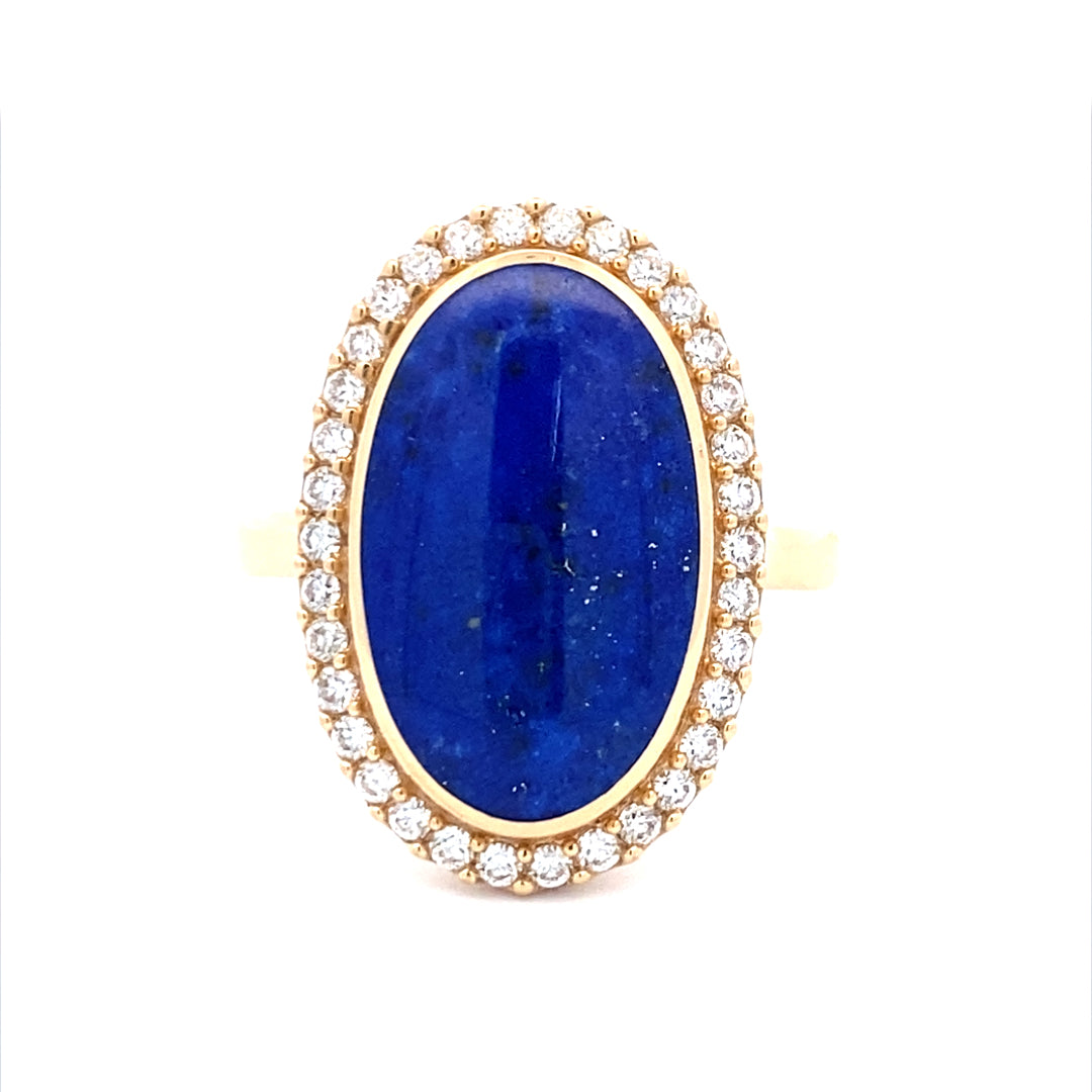 Lapis & Diamond Halo Style Ring in Yellow Gold by Kabana