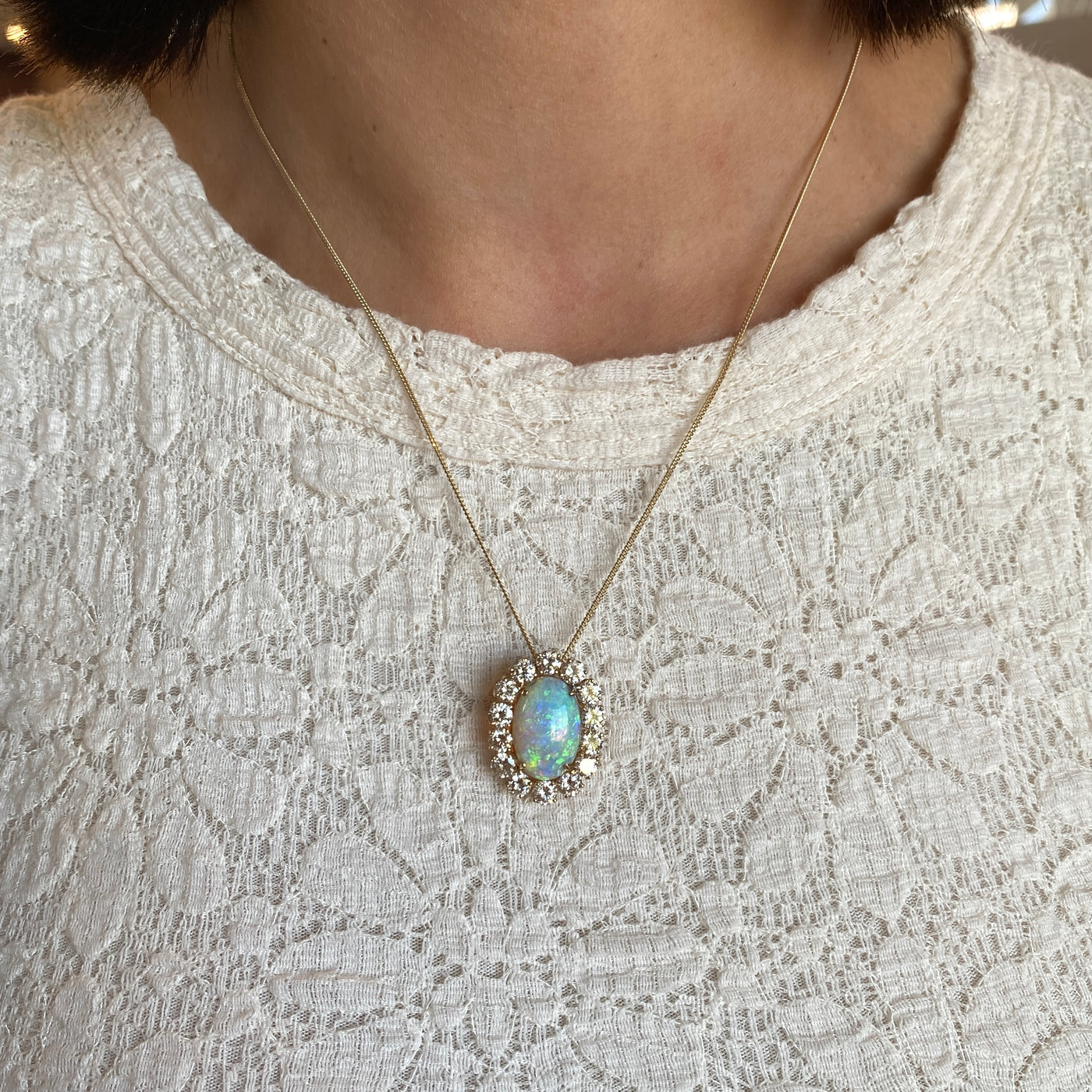 ESTATE Opal and Diamond Brooch/Pendant in Yellow Gold