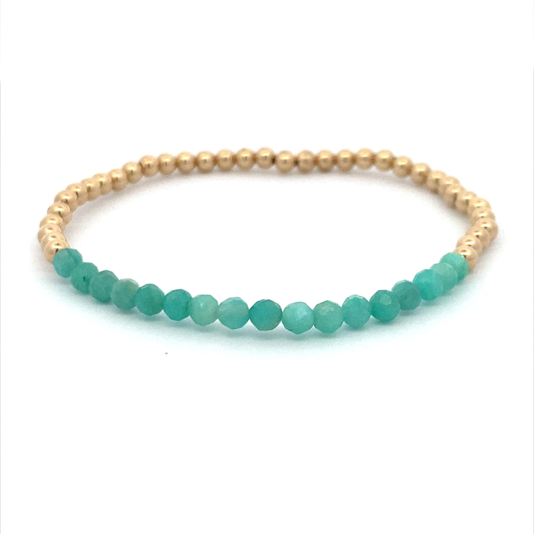 Karen Lazar Stretch 3mm Amazonite and Yellow Gold Filled Beaded Bracelet Size 6.25
