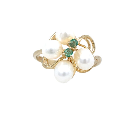 ESTATE Pearl and Emerald Ring in Yellow Gold