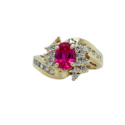 ESTATE Synthetic Ruby and DIamond RIng in Yellow Gold