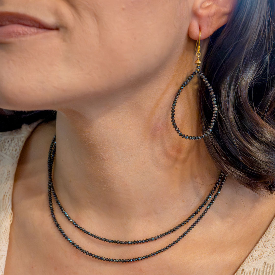 Black Diamond Faceted Bead Necklace in White Gold