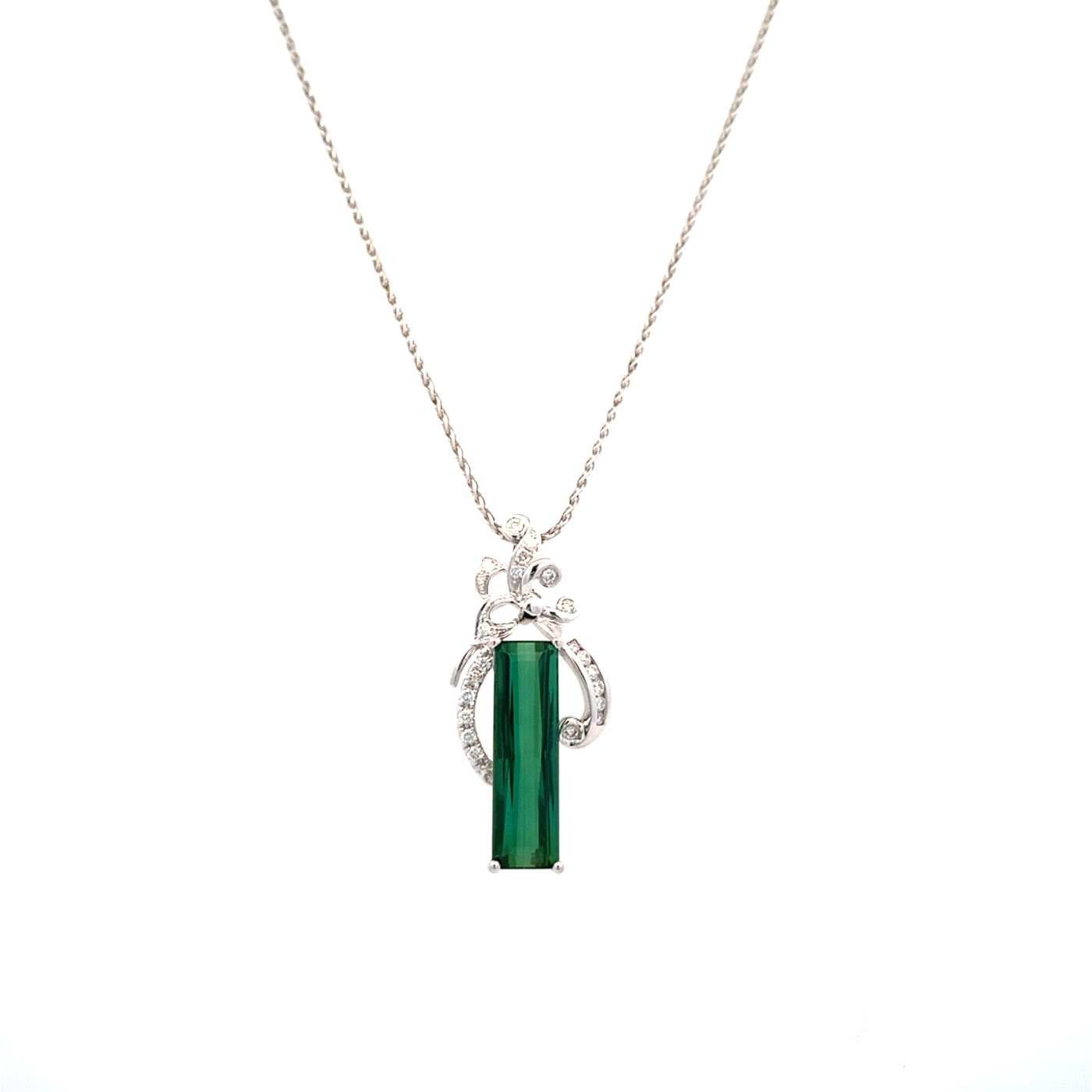 ESTATE Green Tourmaline and Diamond Pendant in White Gold