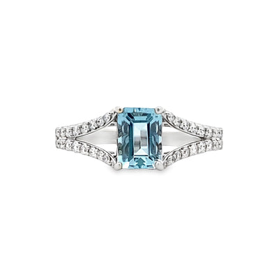Emerald Cut Aquamarine and Diamond Ring in White Gold by Parlé