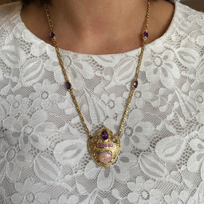 ESTATE Amethyst, Opal and Sapphire Pendant in Yellow Gold