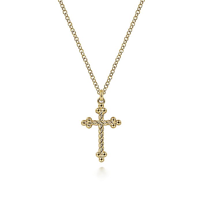 17.5" Twisted and Beaded Cross Pendant in Yellow Gold by Gabriel & Co.