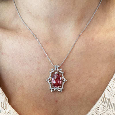 ESTATE Pink Tourmaline and DIamond Pendant in White Gold