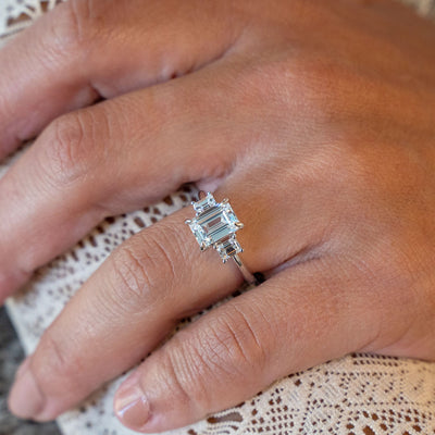 Three Stone Emerald Cut Ring in White Gold by Gabriel & Co.