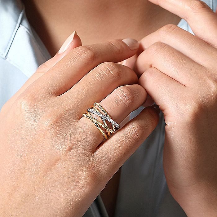 Wide Diamond Bujukan Cross Over Ring in Yellow Gold by Gabriel & Co.