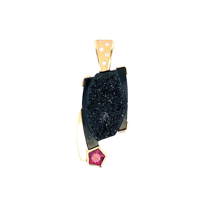 ESTATE Druzy Quartz and Rhodolite Garnet Pendant in Yellow Gold