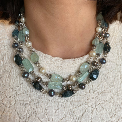 ESTATE Stephen Dueck FGemstone 3 Strand Necklace in Silver
