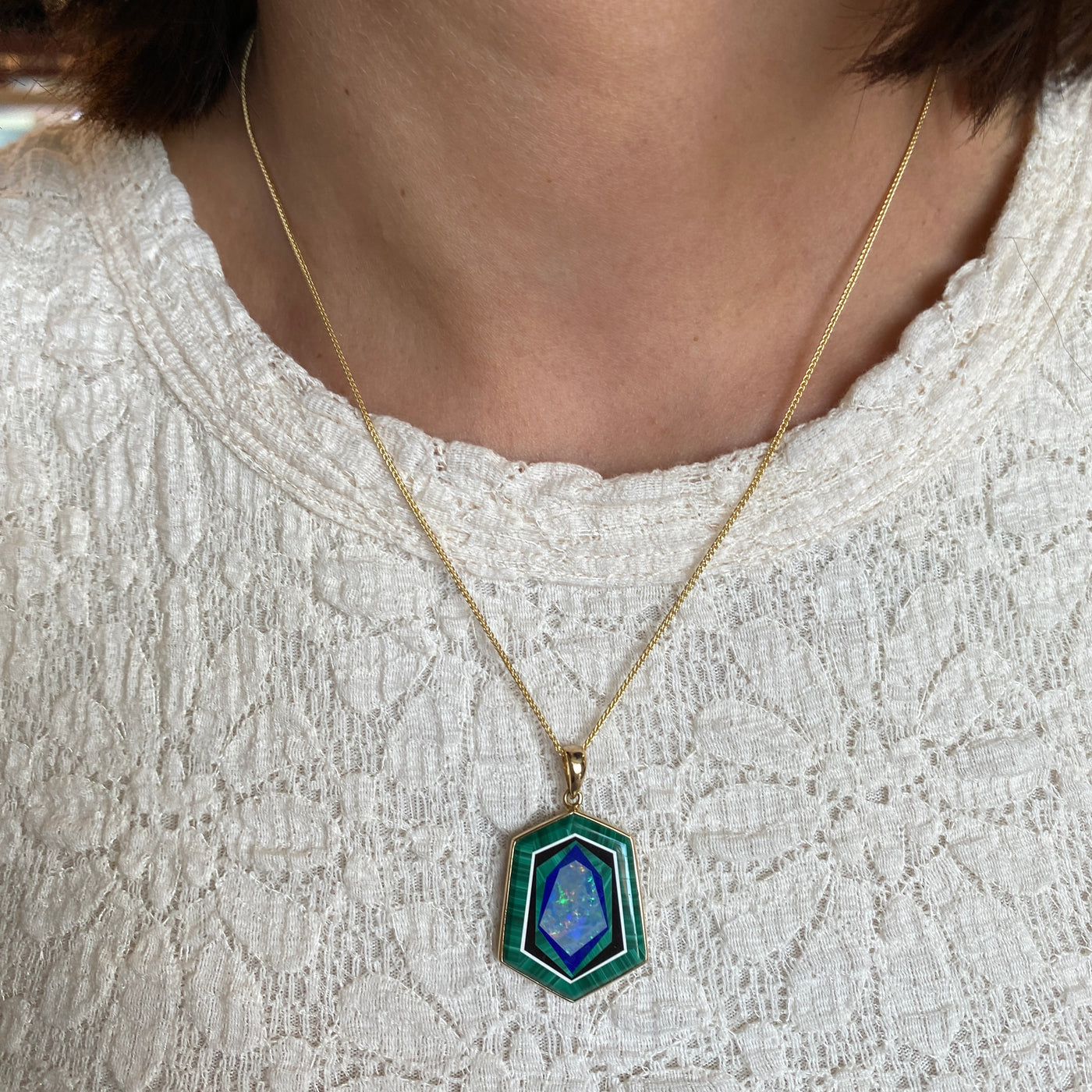 ESTATE Malachite, Lapis and Opal Pendant in Yellow Gold