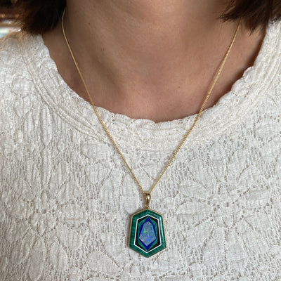 ESTATE Malachite, Lapis and Opal Pendant in Yellow Gold
