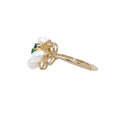 ESTATE Pearl and Emerald Ring in Yellow Gold