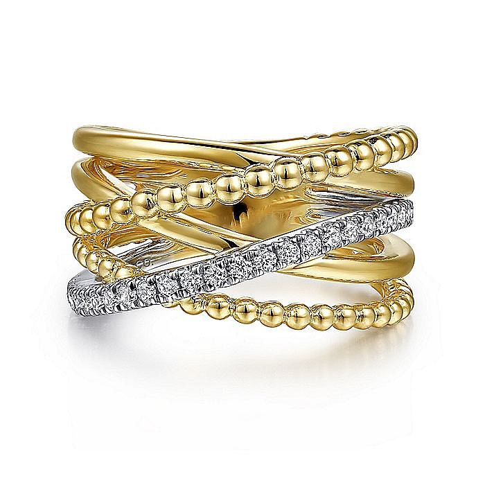 Wide Diamond Bujukan Cross Over Ring in Yellow Gold by Gabriel & Co.