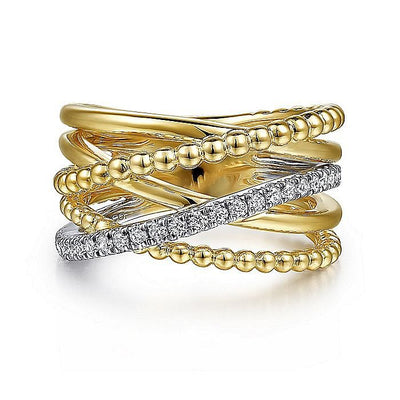 Wide Diamond Bujukan Cross Over Ring in Yellow Gold by Gabriel & Co.