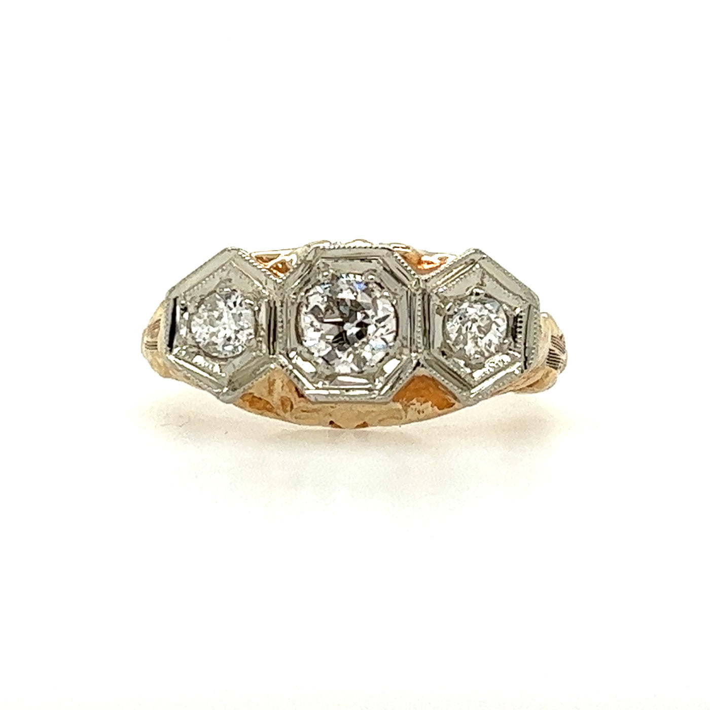 Estate Three-Stone European Cut Diamond 14 Karat Yellow Gold Vintage Inspired Ring