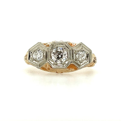 Estate Three-Stone European Cut Diamond 14 Karat Yellow Gold Vintage Inspired Ring