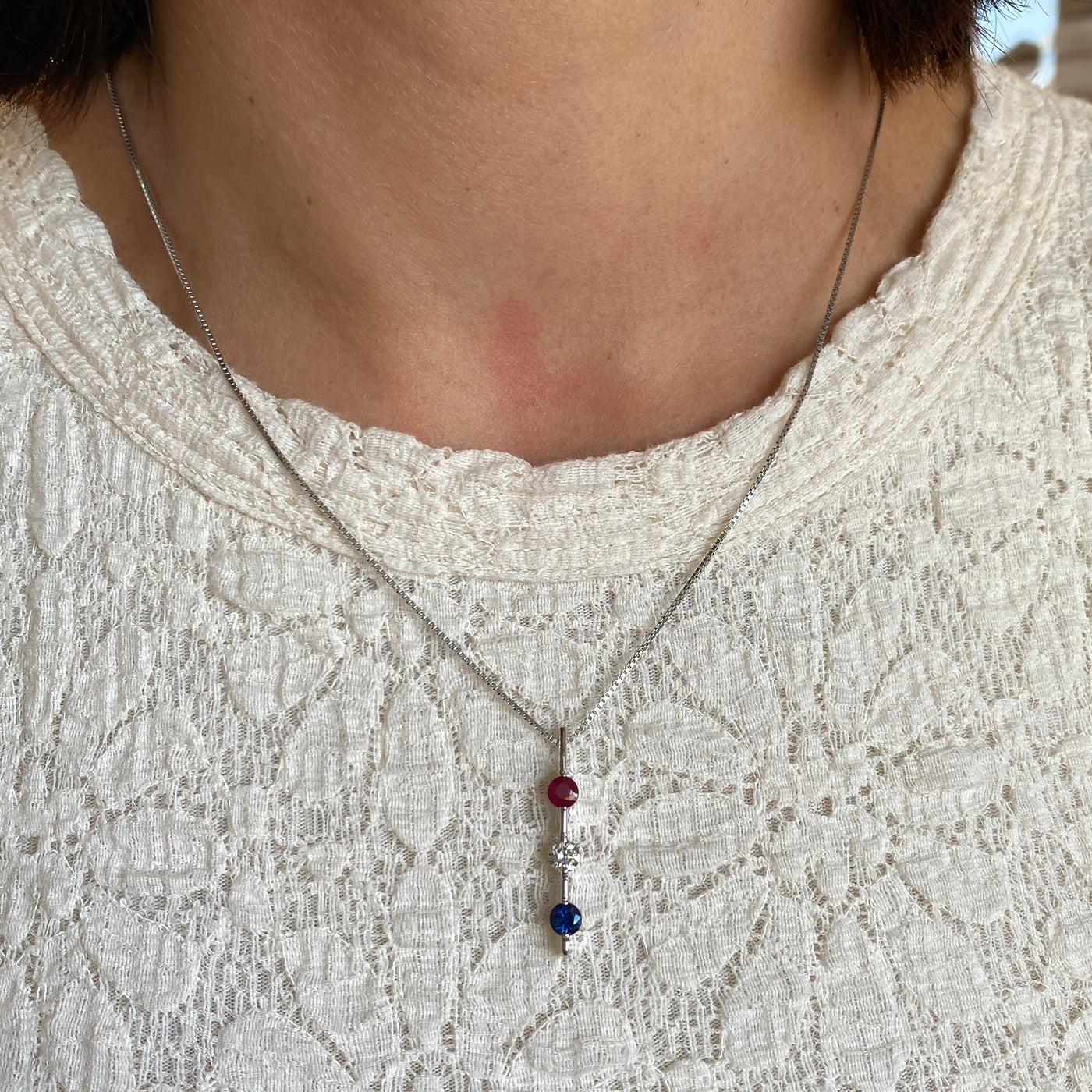 ESTATE Ruby, Diamond, and Sapphire Pendant in White Gold