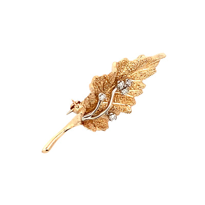 ESTATE Single Leaf and DIamond Pin in Yellow Gold