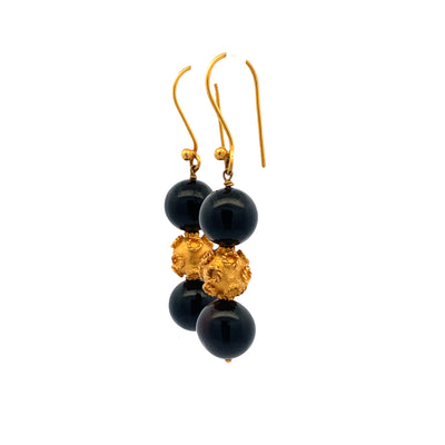 ESTATE Onyx and Gold Bead Drop Earrings in Yellow Gold