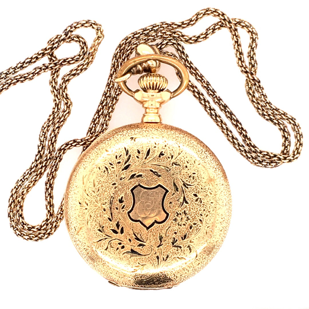 Estate Agassiz Pocket Watch w/ Chain in Yellow Gold