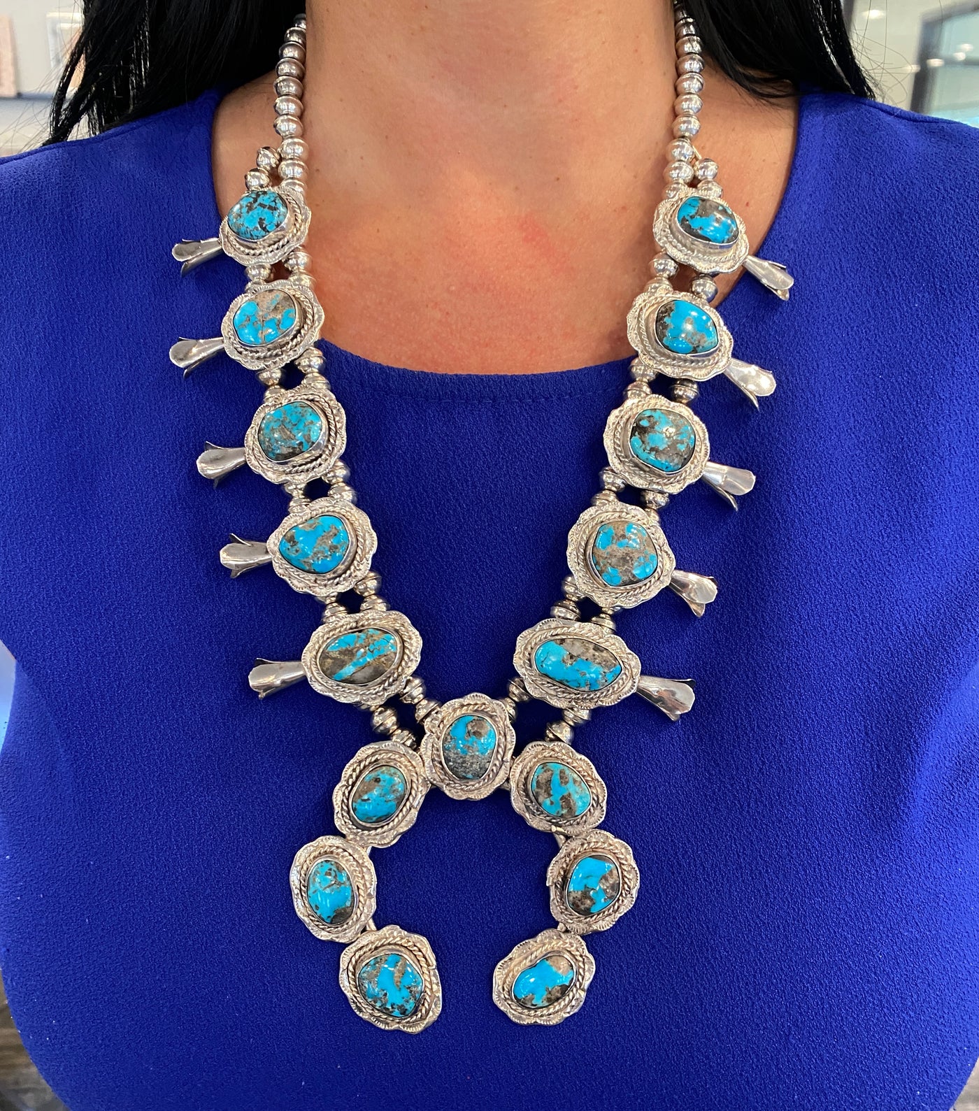 Estate Navajo Squash Blossom Necklace with Turquoise in Silver