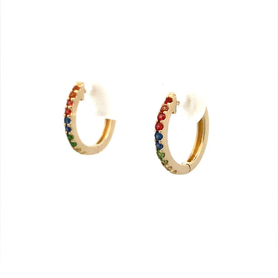 Rainbow Sapphire Huggie Earrings in Yellow Gold
