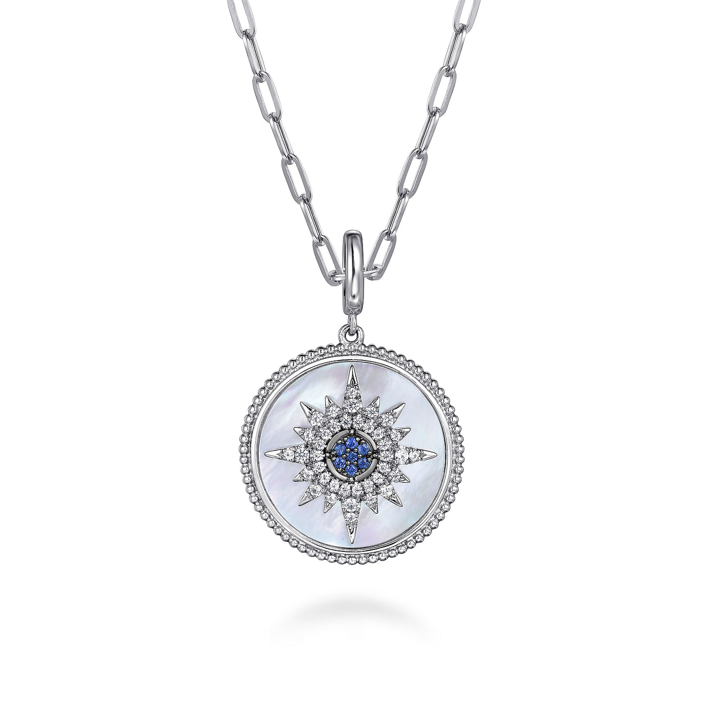 MOP Medallion Pendant with Sapphires in Silver by Gabriel & Co.