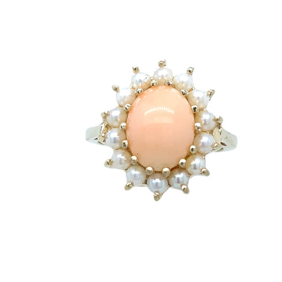 ESTATE Coral and Pearl Ring in Yellow Gold