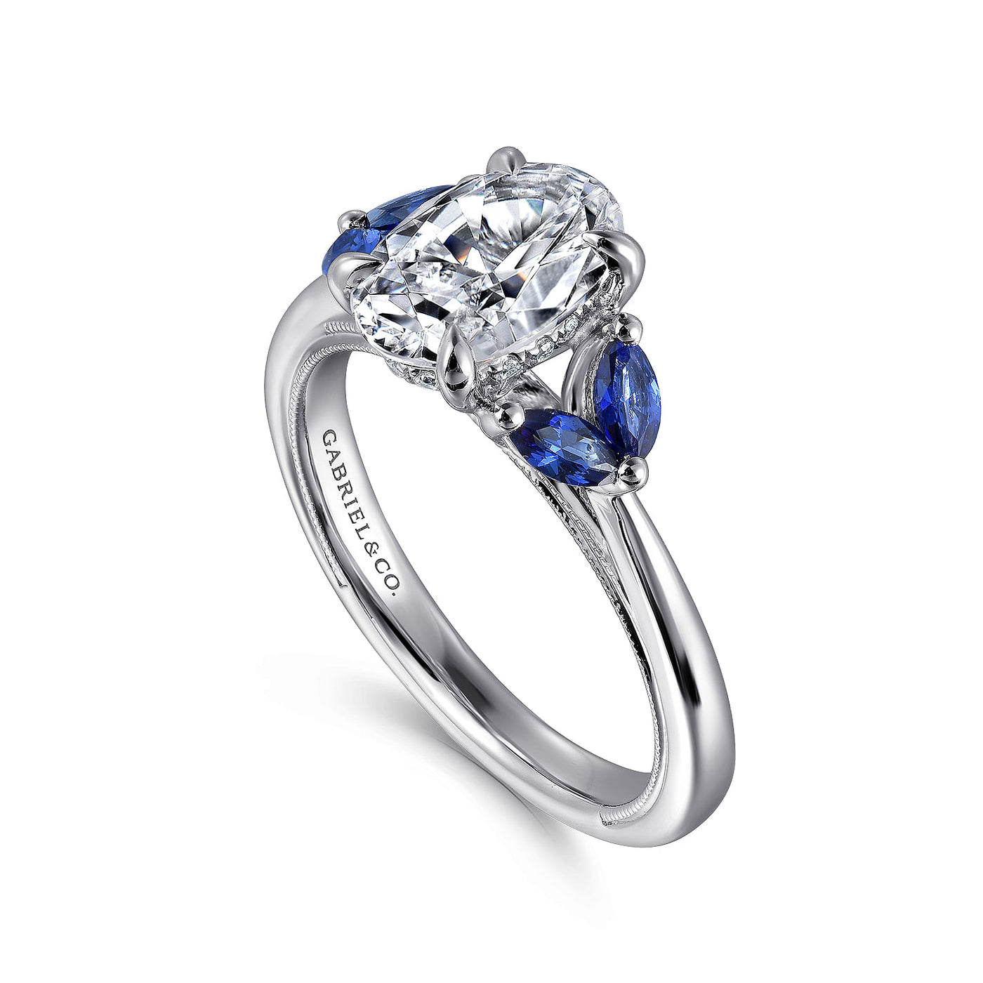 Oval Diamond Three Stone Sapphire Engagement Ring in White Gold by Gabriel & Co.