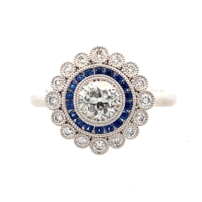 Old European Diamond Engagement Ring with Sapphire Accents