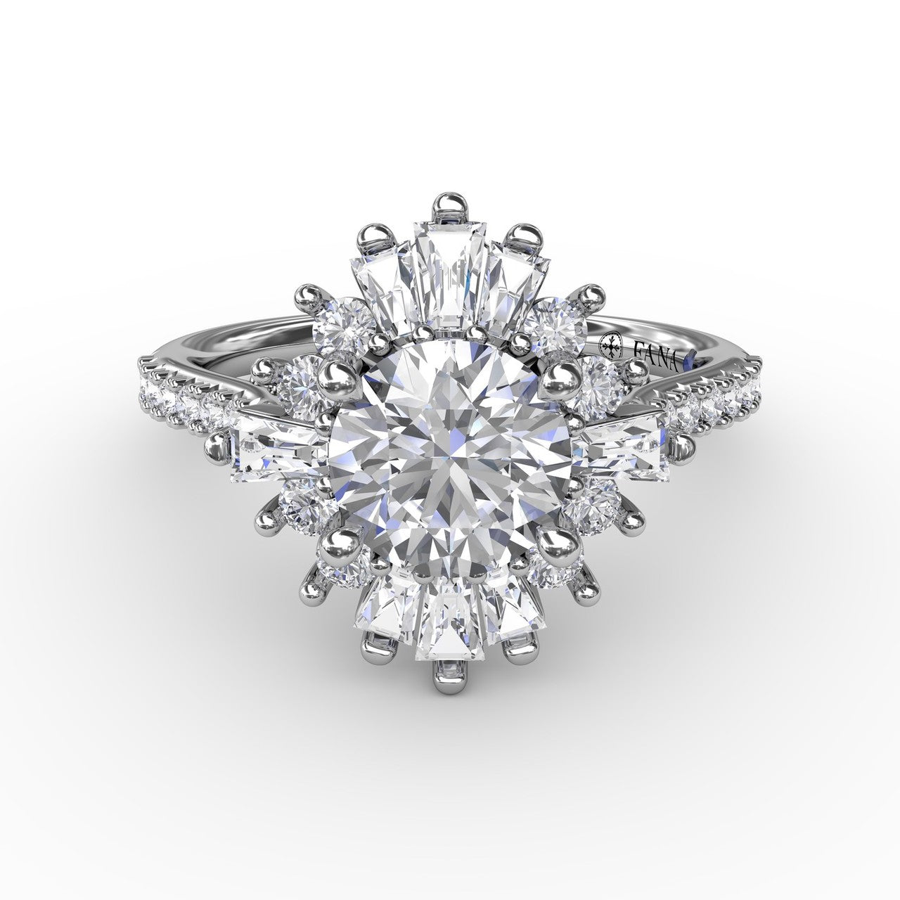 1.5ct Round Engagement Ring with Baguette Halo in White Gold by Fana