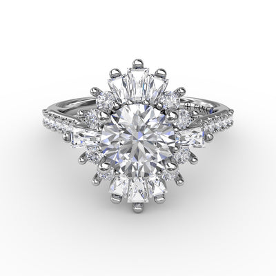 1.5ct Round Engagement Ring with Baguette Halo in White Gold by Fana