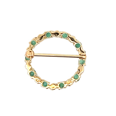 ESTATE Emerald and Pearl Circle Pin in Yellow Gold