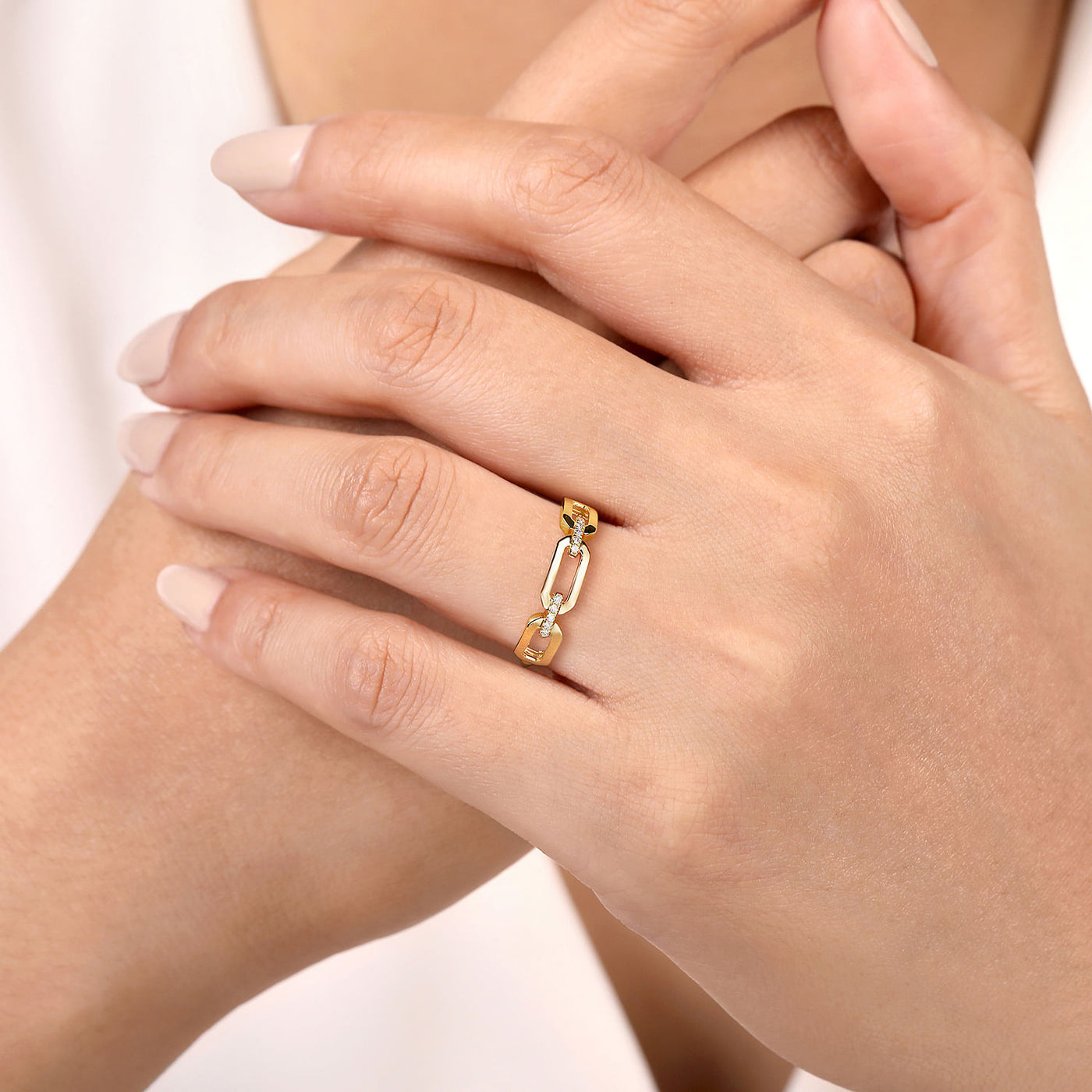Diamond Fancy Link RIng in Yellow Gold by Gabriel & Co.